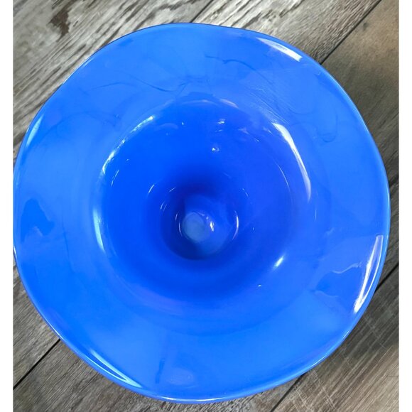 Vintage Blue Blown Glass Pedestal Compote Bowl With Clear Stem - Picture 8 of 9